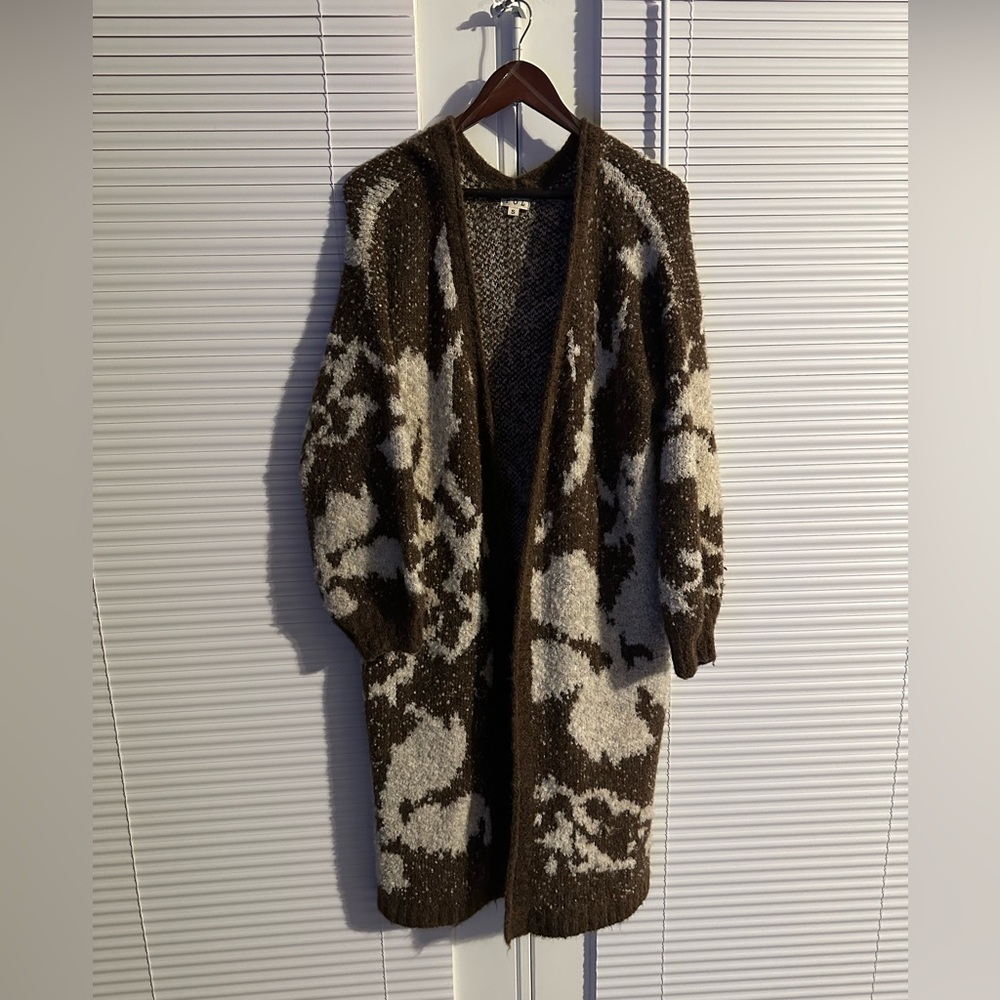 POL brown cream floral wool duster open cardigan size Small